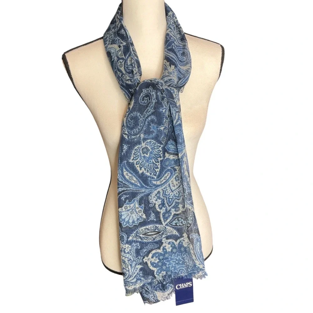 Chaps Blue Paisley Scarf Women OS NWT Lightweight Eyelash Fringe CF0026